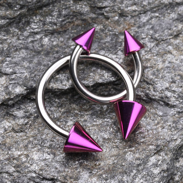 Detail View 1 of Colorline PVD Spike Ends Steel Horseshoe Circular Barbell-Purple
